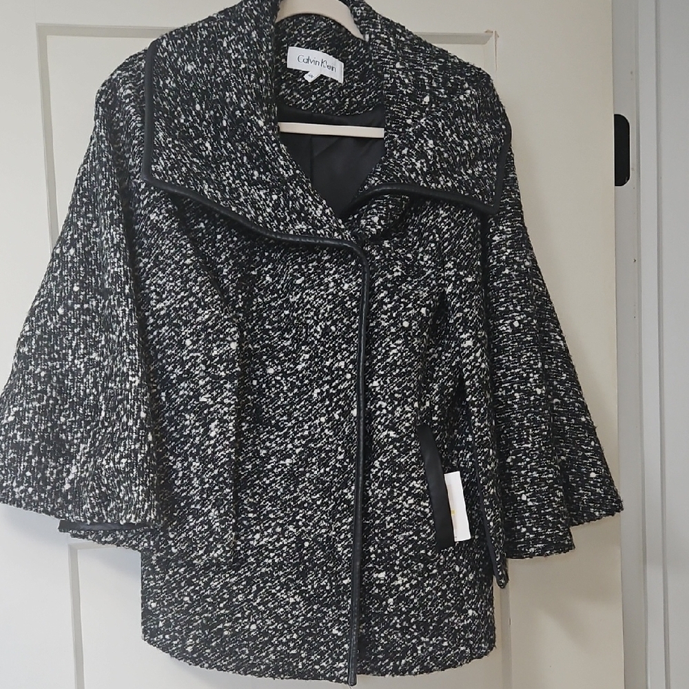 Calvin Klein Black & White Tweed Cape Jacket